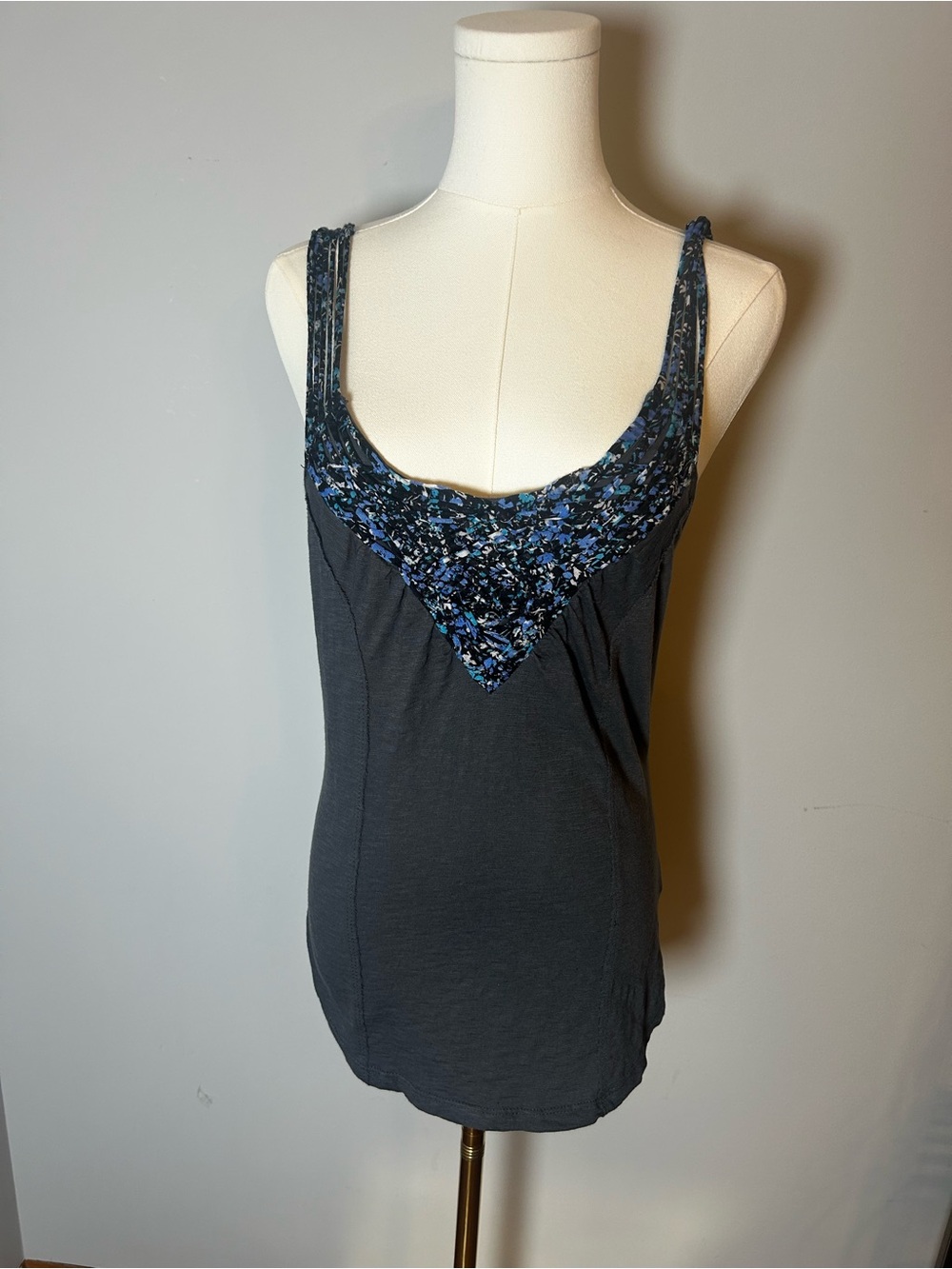Free People Black Tank with Blue Floral Trim